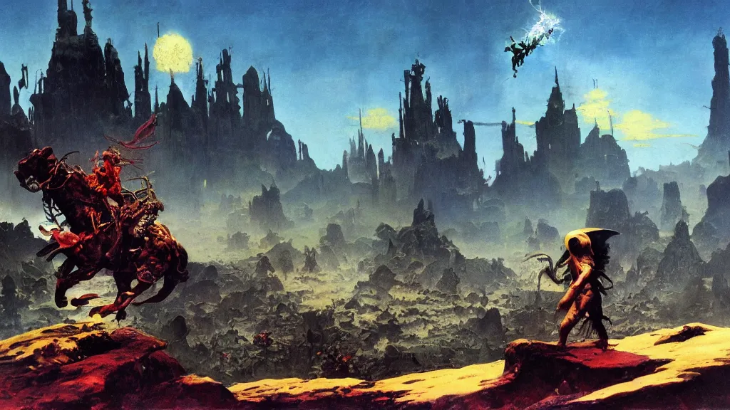 Image similar to the pickle warrior who rules the metaverse by frank frazetta and bruce pennington, cinematic matte painting