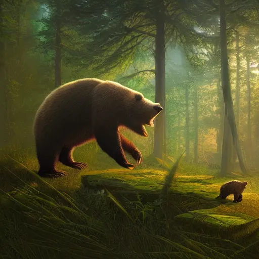 Image similar to a realistic fearful bear, beautiful, proportionate, atmosphere, vibe, forest, fern, flowers, concept art illustration, color page, tone mapping, james jean, andrei riabovitchev, marc simonetti, digital illustration, greg rutowski, volumetric lighting, sunbeams, particles