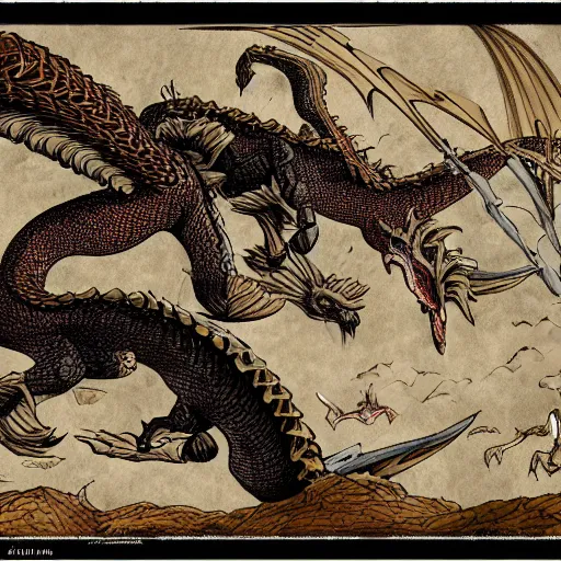 Image similar to an old illustration of a goose fight a dragon, hd, medieval, old paper, hd, 8 k, hyper detailed,