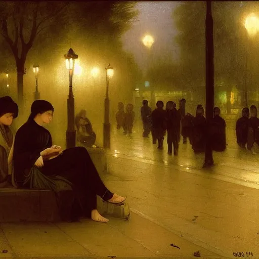 Image similar to a some people waiting in a lone bus stop in quiet dark city night by william adolphe bouguereau, high quality, high resolution,detailed