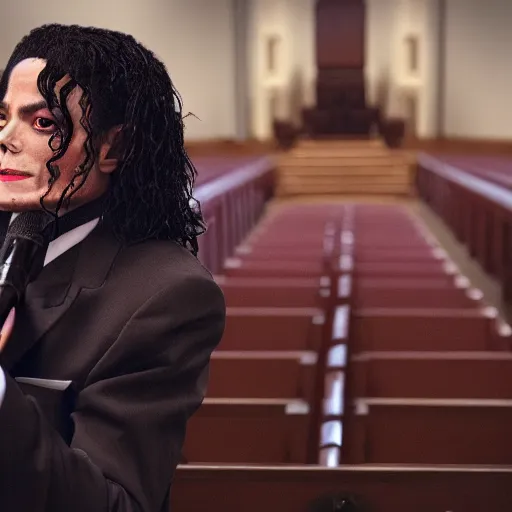 Prompt: cinematic still of Michael Jackson preaching at a Baptist Church in Rural Tennessee, close up, shallow depth of field, directed by Jordan Peele, cinematic