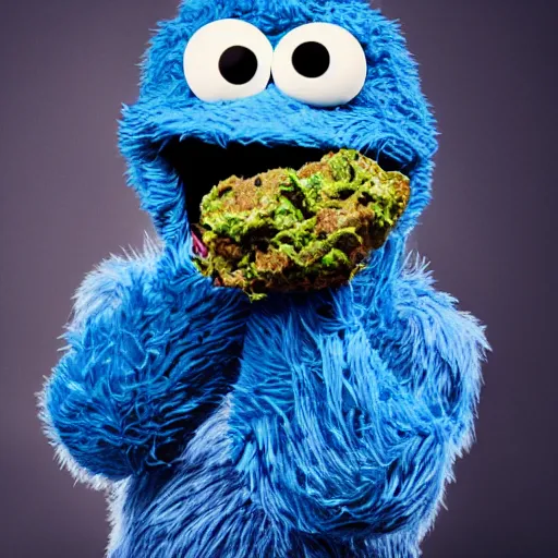 Image similar to cookie monster smoking a blunt turning into a weed bud stylised jonathan zawada photography portrait