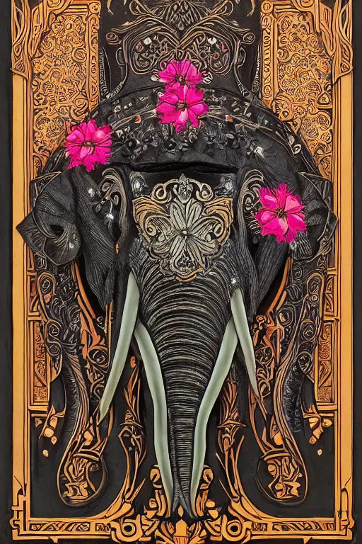 Image similar to Painted dark-wood panel relief carving of a close up of a Flowerpunk Matriarch Elephant, ornate border frame, explosion of colorful flowers, dark wood, intricately carved, black ink, festival of rich colors, intricate details, cinematic lighting, volumetric lighting, post-processing, art nouveau, tarot, fractal art, mandala, by andreas rocha and john howe, and Martin Johnson Heade, featured on artstation, featured on behance, golden ratio, hyper detailed, photorealistic, epic composition, center spotlight, f32, well composed, symmetrical, UE5, 8k