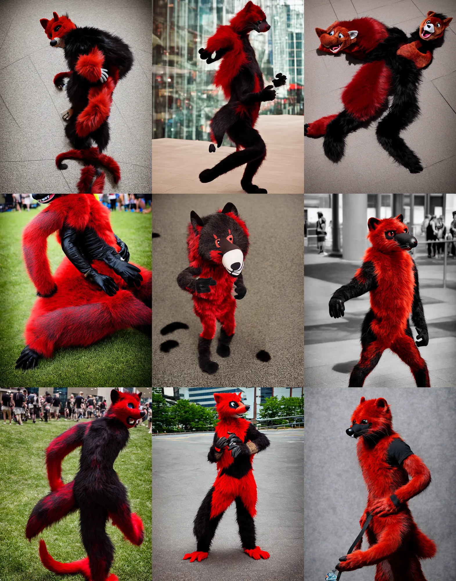 Image similar to fullbody photoshoot photo portrait of a roguish male red - black furred weasel furry fursuiter ( tail attached ), taken at anthrocon ( furry convention )