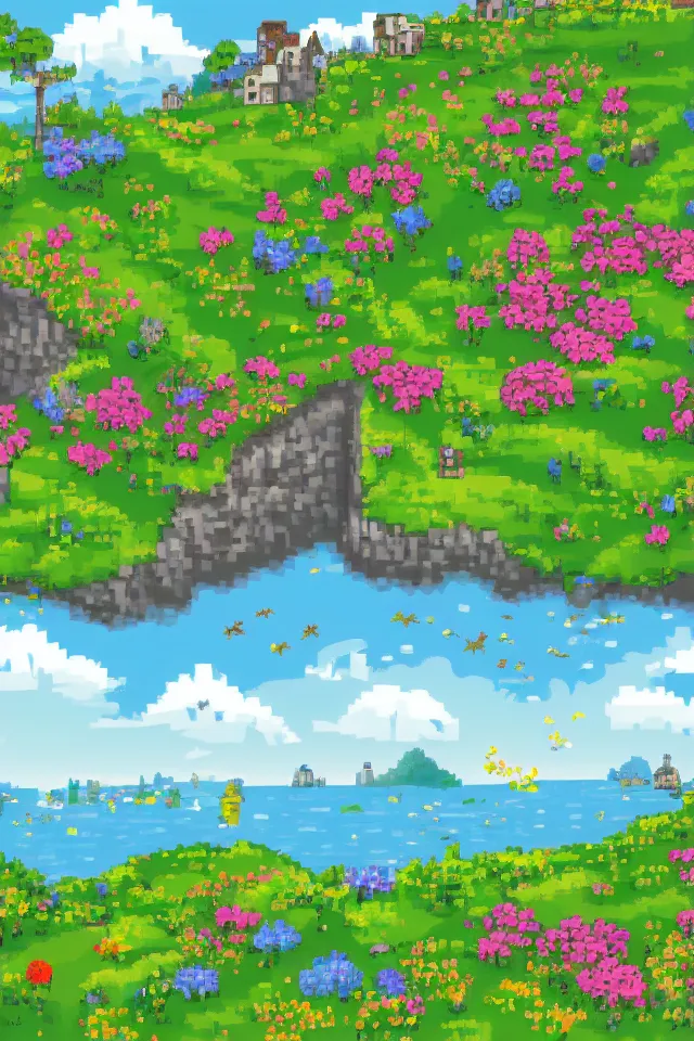 Image similar to a countryside, green hills and blue sky with patches of clouds, nature in all its beauty, some houses in the background, star - shaped flowers in the foreground, we can see the sea, pixel art, indie game, 3 2 bits, sprite, detailed,