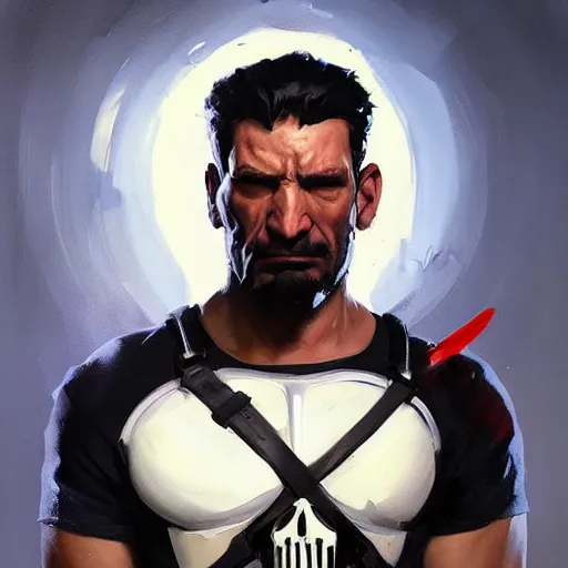 Image similar to Greg Manchess portrait painting of punisher as Overwatch character, medium shot, asymmetrical, profile picture, Organic Painting, sunny day, Matte Painting, bold shapes, hard edges, street art, trending on artstation, by Huang Guangjian and Gil Elvgren and Sachin Teng