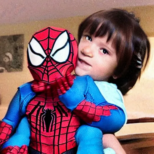 Image similar to realistic photo of spiderman holding baby wearing spiderman costumes, an film still