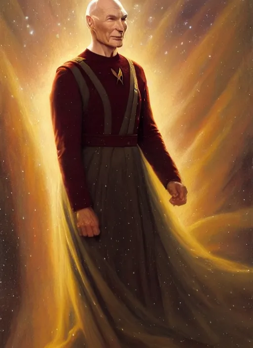 Prompt: captain picard, god of starlight, long flowing hair, modest flowing gown, smug expression, highly detailed painting by gaston bussiere, craig mullins, j. c. leyendecker 8 k, sparkling nebula