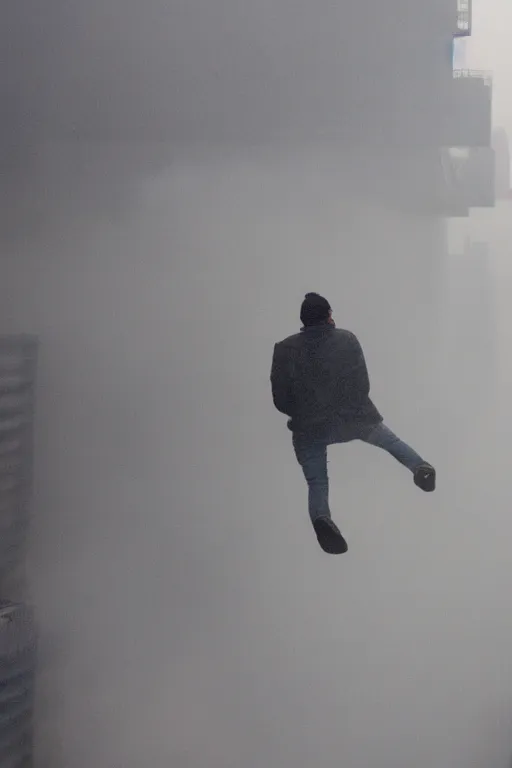 Image similar to a man jumping from a building in New York, dust explosion fog