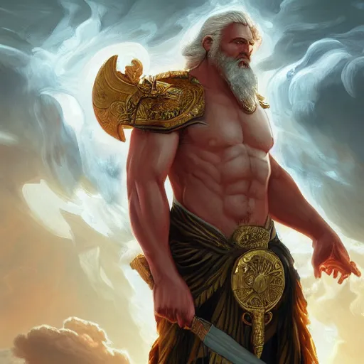 Image similar to an epic digital art of Zeus in thunderclouds by Diego Gisbert Llorens, Zeus, epic painting, masterpiece, hyperdetailed, artstation, cgsociety, 8k