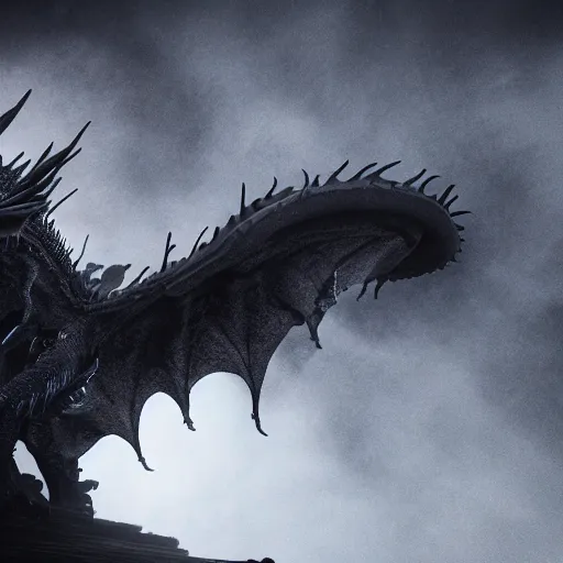 Prompt: a highly detailed ghastly shot of a (dragon) made of black fog and obscure shadow, creating an ominous presence, artstation, deviantart, unreal engine 5 render