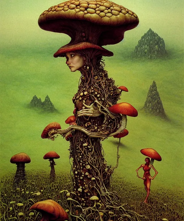 Prompt: A detailed funguswoman stands among the mushroom hills. Wearing a fungus and mushroom . Perfect faces, extremely high details, realistic, fantasy art, solo, masterpiece, art by Zdzisław Beksiński, Arthur Rackham, Dariusz Zawadzki, Edward Robert Hughes