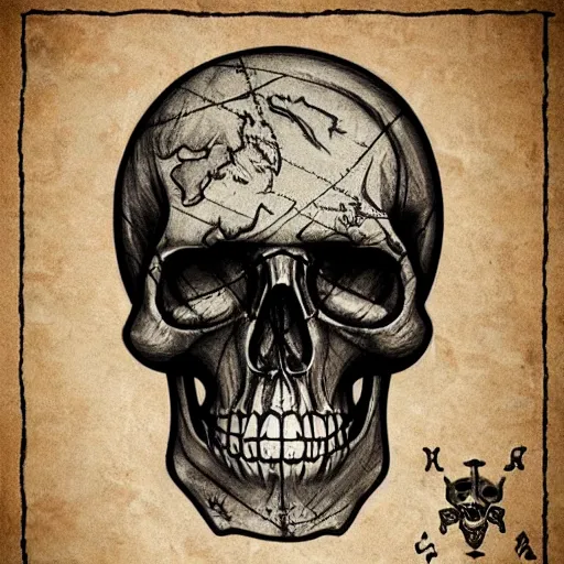 Prompt: a pirate map drawn on a human skull