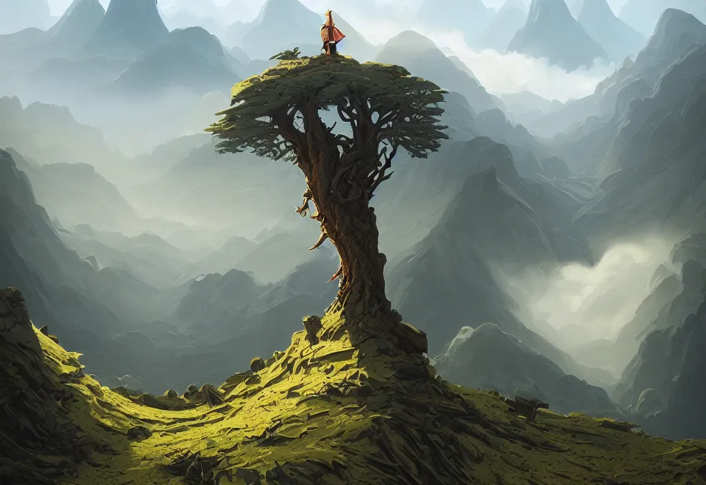 Image similar to mountain landscape without people, high trees, top of the hill, above low layered clouds, deep focus, fantasy, intricate, elegant, highly detailed, digital painting, artstation, concept art, matte, sharp focus, illustration, hearthstone, art by rhads and artgerm and greg rutkowski and alphonse mucha. gediminas pranckevicius