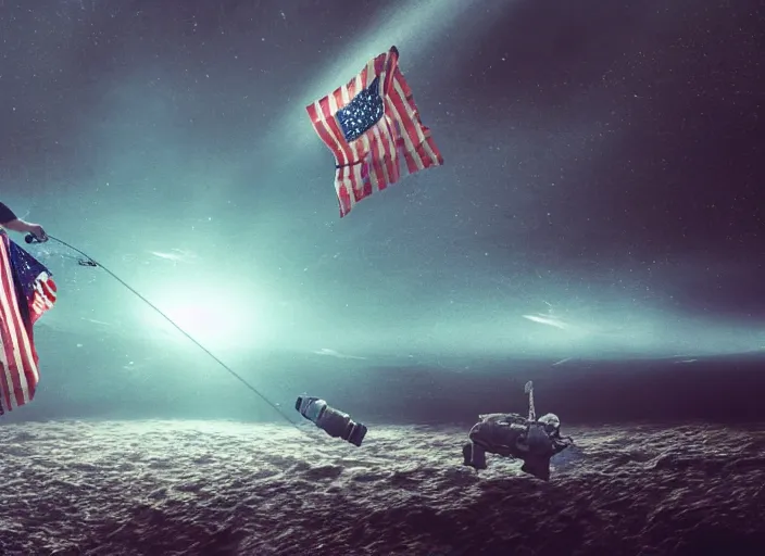 Image similar to astronaut holding a flag in an underwater desert. a submarine is visible in the distance. dark, concept art, cinematic, dramatic, atmospheric, 8 k, trending on artstation, blue, fish, low visibility, fog, ocean floor, christopher nolan, interstellar