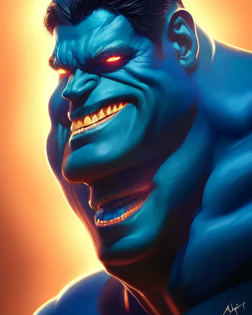 Image similar to symmetry portrait of blue color hulk, glam, power, glowing lights intricate, elegant, highly detailed, digital painting, artstation, concept art, smooth, sharp focus, illustration, art by artgerm and greg rutkowski and fra angelico and unreal engine 5