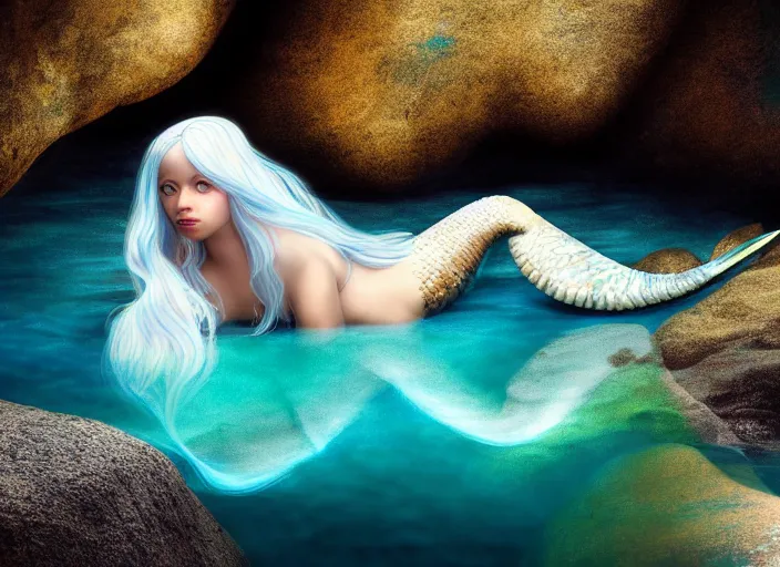 soft painting of a mermaid with sea shells bra sitting