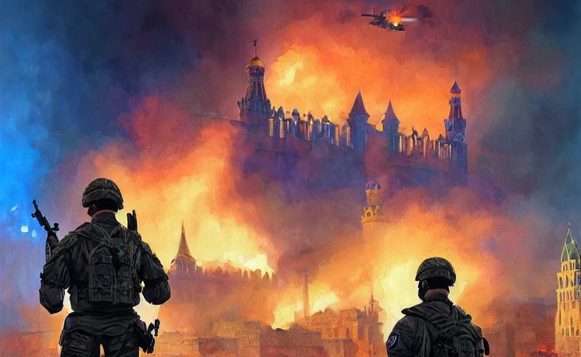 Image similar to special forces soldier with ukrainian blue and yellow shoulder patch watches red square kremlin burn in the background, d & d, fantasy, bright atmosphere, volumetric lights, intricate, elegant, extremely detailed, digital painting, artstation, concept art, matte, smooth, sharp focus, hyper realistic, illustration, art by artgerm and greg rutkowski and alphonse mucha