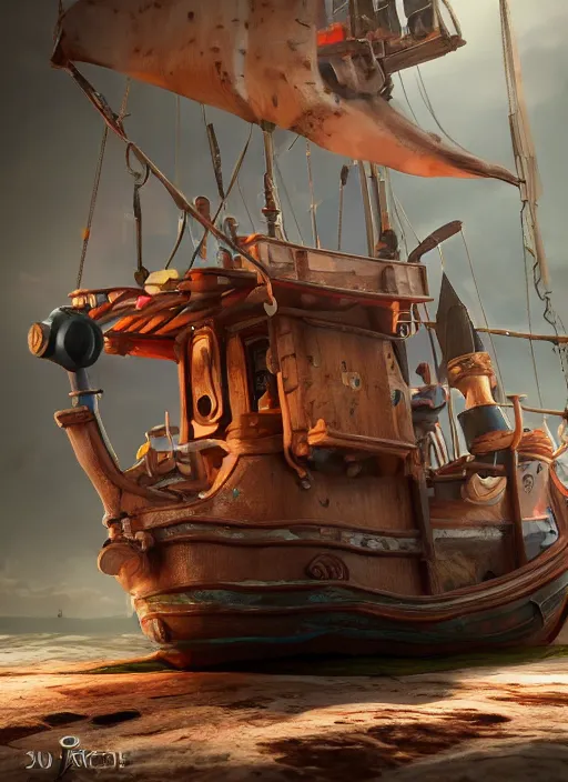 Prompt: full shot,a painting of cute toy pirate ship,Ford, Henry Justice,trending on artstation,3d octane render,High detail