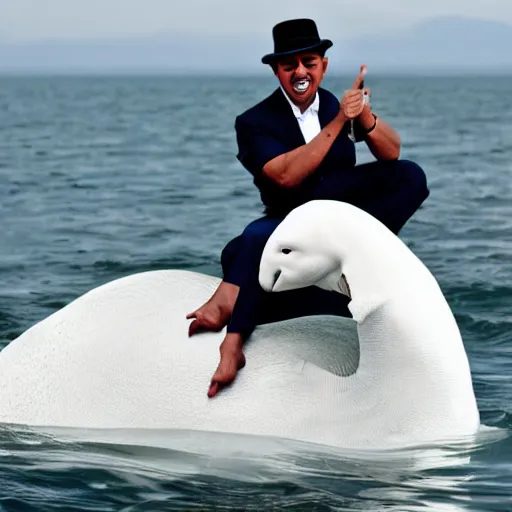 Image similar to lou bega riding a beluga, photograph