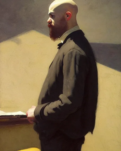 Image similar to a bald nonbinary moustachioed it specialist at work. fantasy art by greg rutkowski, gustave courbet, rosa bonheur, edward hopper. faithfully depicted facial expression, perfect anatomy, sharp focus, global illumination, radiant light, detailed and intricate environment, trending on artstation