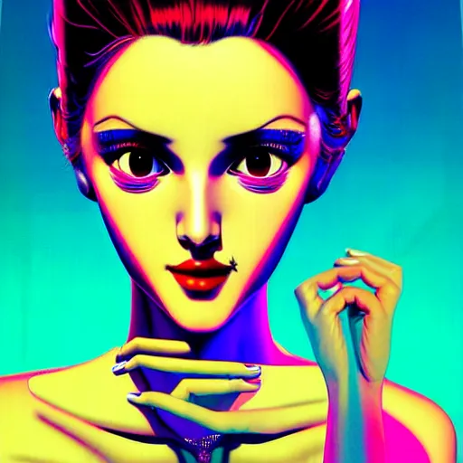 Image similar to tv actress with warm eyes, slim features, hallucinating happily. box office hit, satire and seventies italian horror movie, unreal engine, intricate, ultra detailed 8 k, ambient reflective occlusion, extremely beautiful and aesthetic shape of face and neck, art by hiroaki samura and ilya kuvshinov and rossdraws and andy warhol, inverted