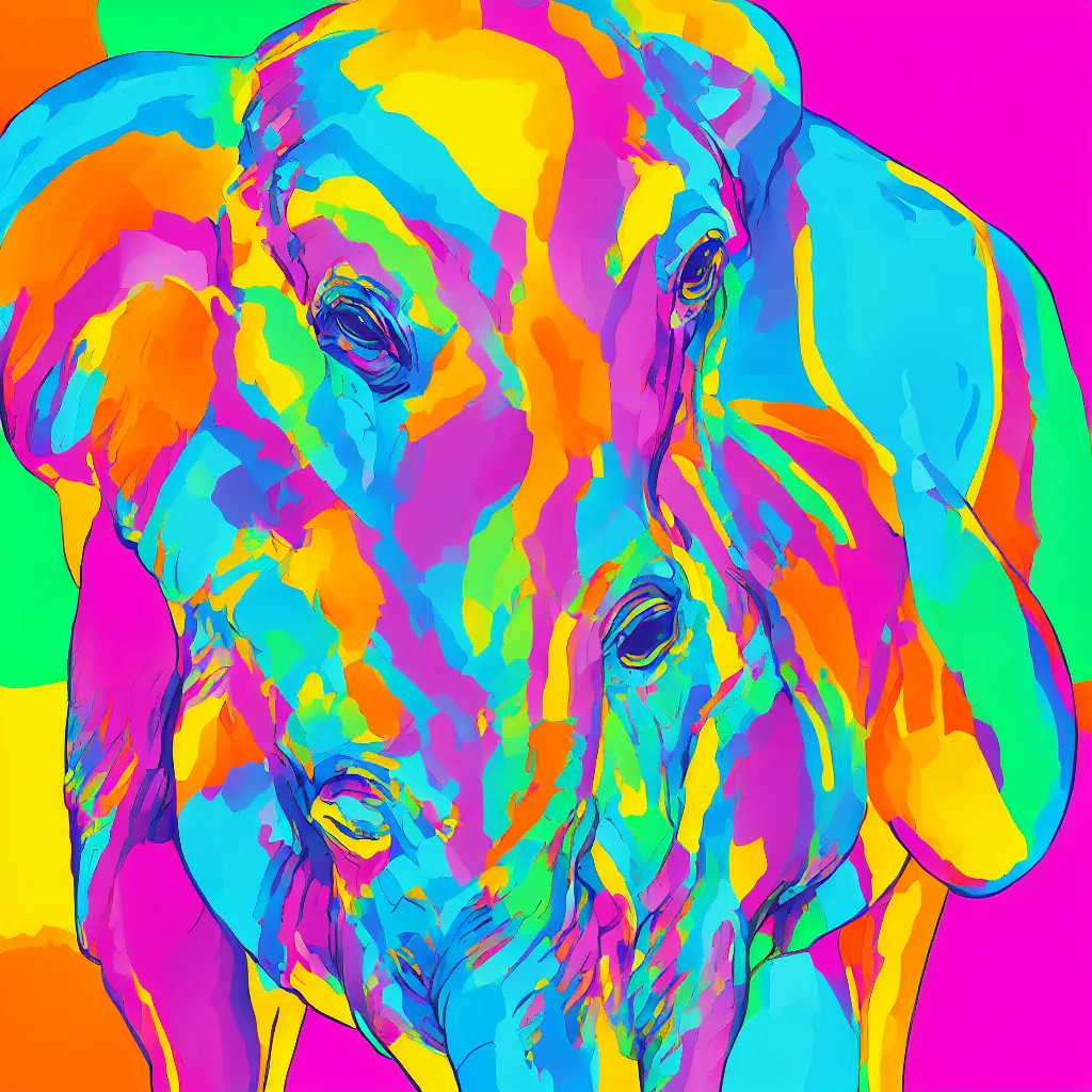 Prompt: cubist style vector rainbow colored elephant with white backdrop