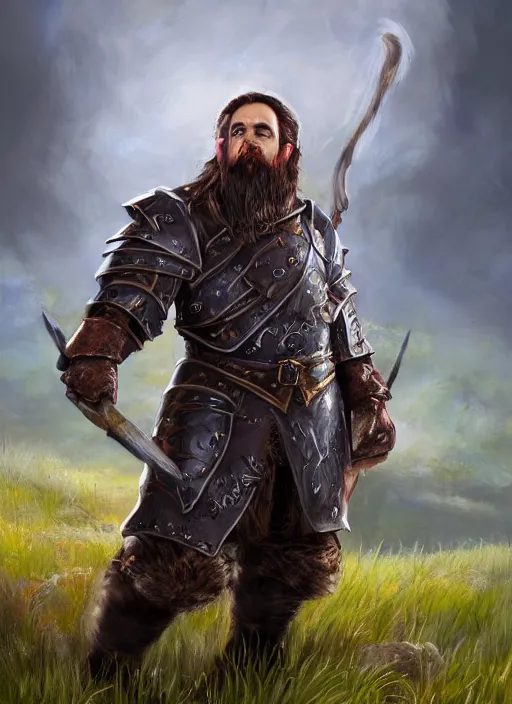 Image similar to A fantasy portrait painting of a male dwarf wearing leather armor on a beautiful meadow, DAZ, hyperrealistic, ambient light, dynamic light, trending on artstation, d&d, RPG portrait