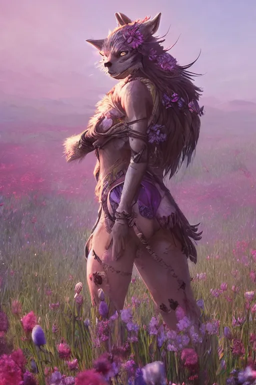 Prompt: A high fantasy wolf girl standing in the middle of the field of flowers by Eddie Mendoza face close up official media beautiful detailed high quality