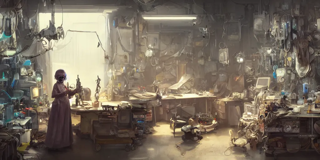 Image similar to an environmental concept art of an elderly woman cyberneticist in a cluttered workshop, surgical implements, surgery table, robotic arm, highly detailed, cinematic, dramatic, cyberpunk, dieselpunk, scifi space station, horror, bladerunner 2 0 4 9