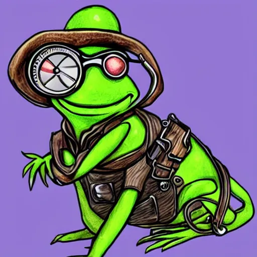 Prompt: steampunk kermit with goggles, portrait