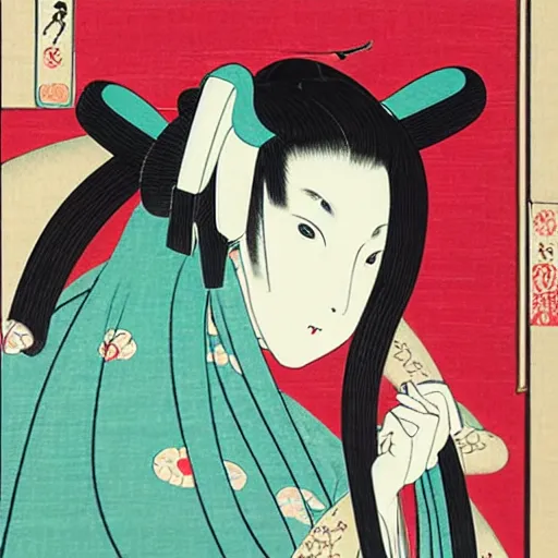 Image similar to beautiful portrait ukiyo - e painting of hatsune miku, by kano hideyori, kano tan'yu, kaigetsudo ando, miyagawa choshun, okumura masanobu, kitagawa utamaro