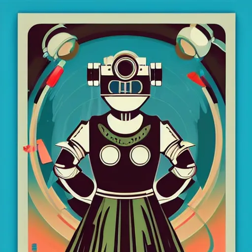 Image similar to retrofuturism poster of an anthropomorphic retro futuristic steampunk robot maid