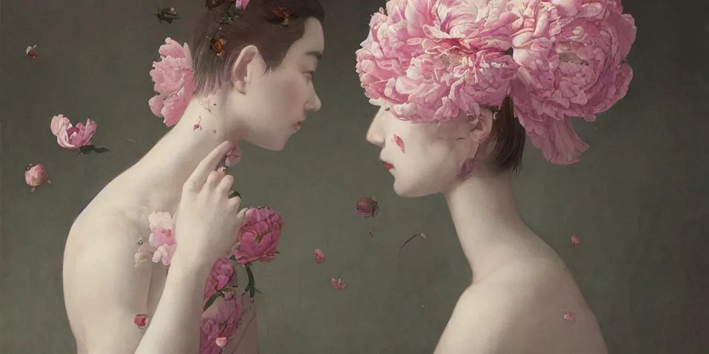 Image similar to breathtaking detailed concept art painting blend of few pink short hair goddesses of peonies flowers by hsiao - ron cheng with anxious piercing eyes, vintage illustration pattern with bizarre compositions blend of flowers and fruits and birds by beto val and john james audubon, exquisite detail, extremely moody lighting, 8 k