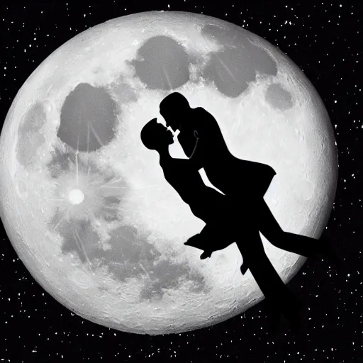 Prompt: the background is a huge moon. in the night environment, a man jumps into the air with a woman in his arms. in the middle of the moon are two figures in black silhouettes.
