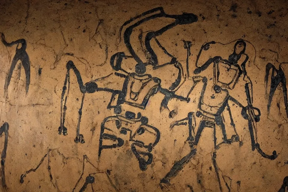 Prompt: a cave painting of a sci - fi robot. lascaux cave paintings, chauvet