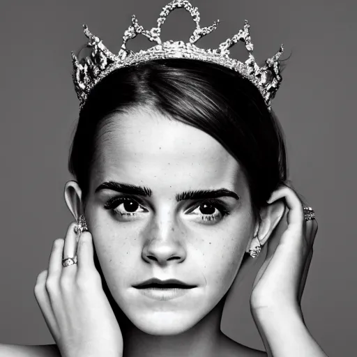 Image similar to emma watson with jewellary crown queen, sensual, beautiful soft light failling on her face, studio photography, nikon 3 5 mm portrait photography, ultra realistic