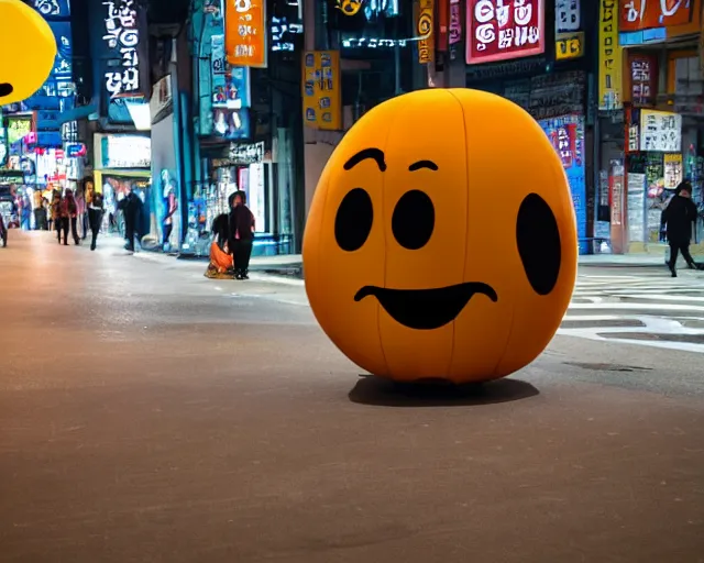 Prompt: human size poop emoji in the streets of seoul at night dslr photo