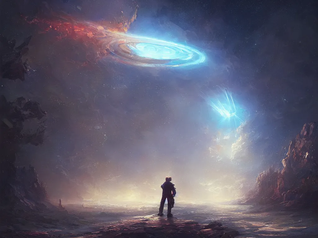 Prompt: a beautiful painting of a man open a portal across the universe to a perfect reality greg rutkowski and thomas kinkade, trending on artstation