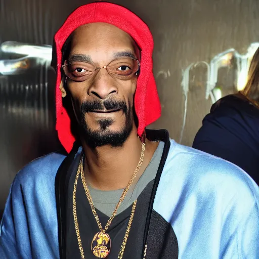 Image similar to Snoop Dog with big eyes eye color red , smiling and holding a joint in his hand