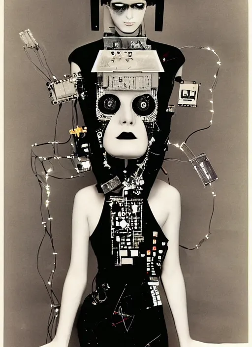 Image similar to Portrait of a punk goth fashion fractal cosmonaut girl with a television head wearing kimono made of circuits and leds, surreal photography by Man Ray