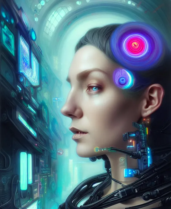 Image similar to a whirlwind of souls rushing inside the metaverse, hologram, half body, neurochip, shaved temple, piercing, jewelry, android, cyborg, cyberpunk face, by loish, d & d, fantasy, intricate, elegant, highly detailed, colorful, digital painting, artstation, concept art, art by artgerm and greg rutkowski and alphonse mucha