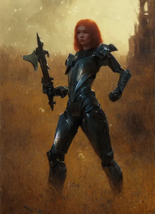 Image similar to short muscular redhead young woman wearing black lowpoly armour, bare legs, detailed, by gaston bussiere, bayard wu, greg rutkowski, giger, maxim verehin, greg rutkowski, masterpiece, sharp focus, cinematic lightning