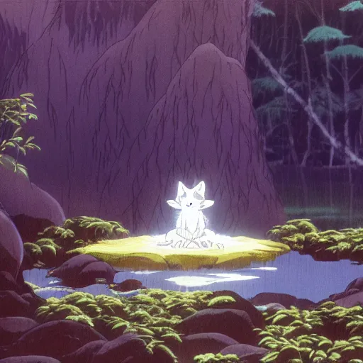 Image similar to a spirit wolf forest drinking water from an illuminated pool, hayao miyazaki, masashi ando, nizou yamamoto, kazuo oga, joe hisaishi, yoji takeshige, naoya tanaka