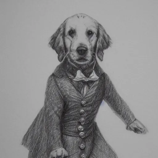 Image similar to golden retriever standing up, wearing a victorian dress, Pencil drawing, detailed, hyper-detailed, very realistic