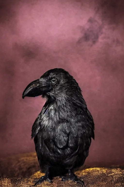 Prompt: photo of dark raven standing in a shadow from deep purple light of lantern, mystery, mysterious, soft shadows, soft dark muted colors, simple shapes, golden ratio, perfect composition, dramatic, medium close - up ( mcu ), cannon ef, 5 0 mm, f / 2. 8