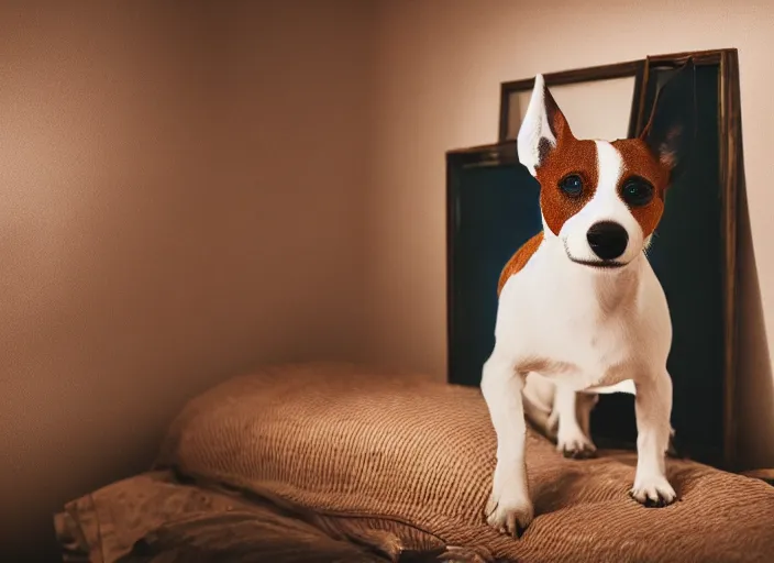 Image similar to photography of a Jack Russel . watching outside the window. on a bed. in a vintage room full of vinyls and posters.,volumetric light, photorealistic,, award winning photo, 100mm, sharp, high res