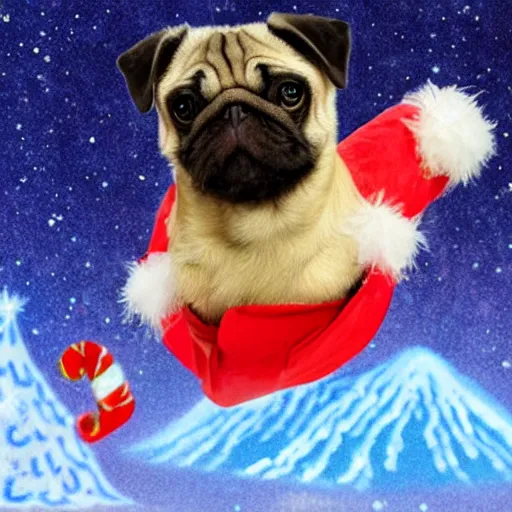 Prompt: a pug in a christmas costume flying a plane into an erupting volcano