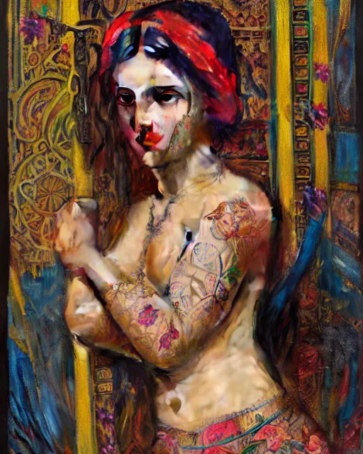 Image similar to a beautiful girl with colourful tribal tattoos surrounded by colourful flowers orientalist intricate portrait by john william waterhouse and edwin longsden long and theodore ralli and nasreddine dinet, oil on canvas. cinematic, hyper realism, dramatic lighting, high detail 8 k