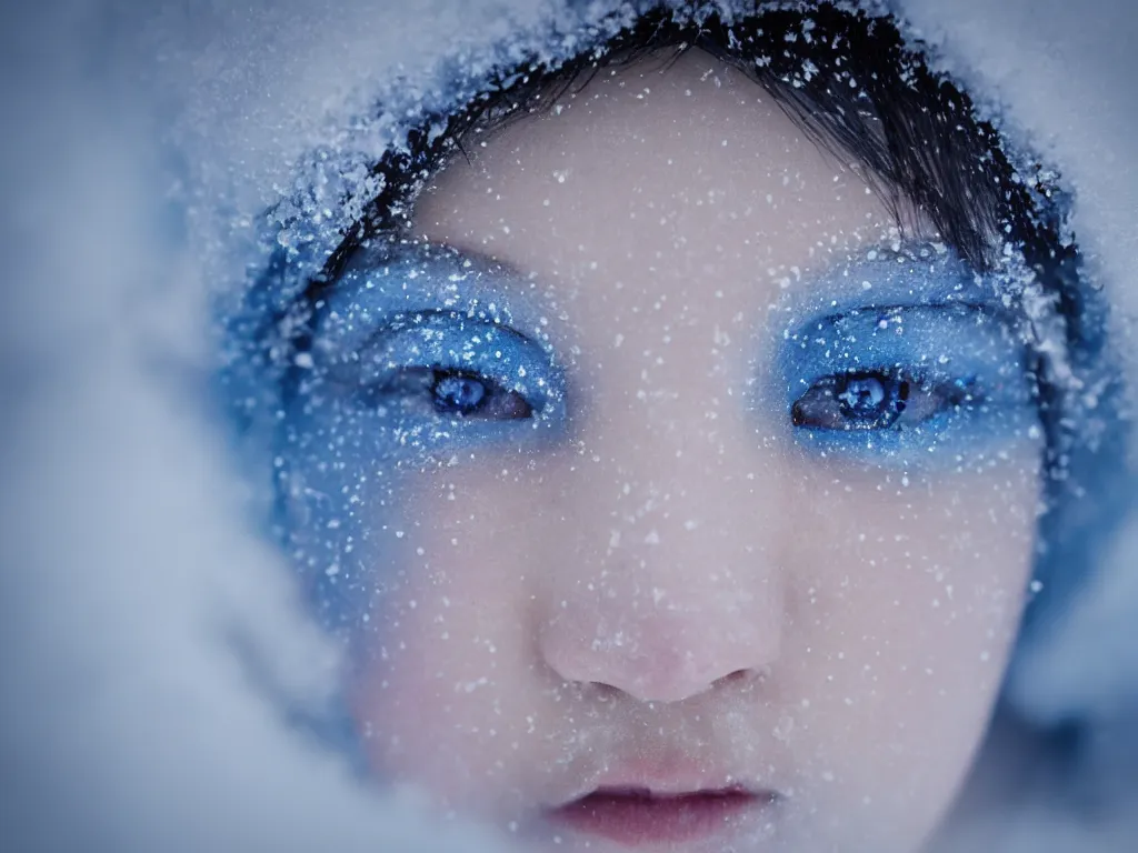 Image similar to the piercing blue eyed stare of yuki onna, freezing blue skin, mountain blizzard and snow, canon eos r 6, bokeh, outline glow, asymmetric unnatural beauty, blue skin, centered, rule of thirds